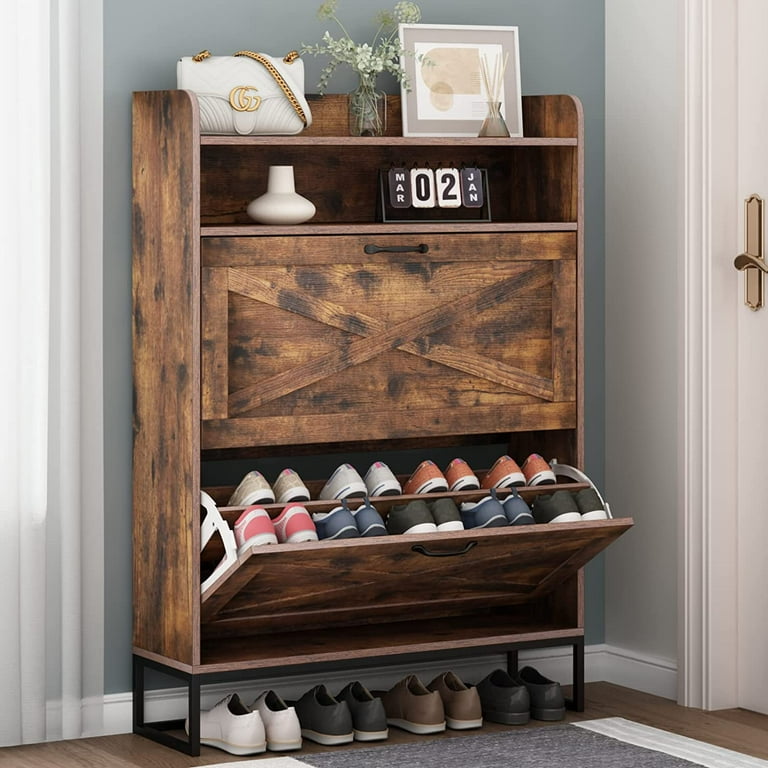 Auromie Shoe Cabinet, Freestanding Tipping Bucket Shoe Storage Cabinet with  2 Flip Drawers, Rustic Entryway Shoe Rack with Top Storage Cubby, Narrow