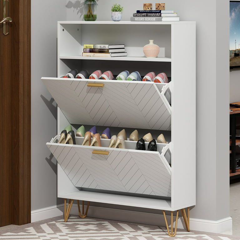 Shoe Cabinet with 2 Flip Drawers and Open Shelf,Free Standing Shoe Racks  Storage Cabinet with Metal Legs,Shoe Organizer Entrance Shoe Storage  Cabinet