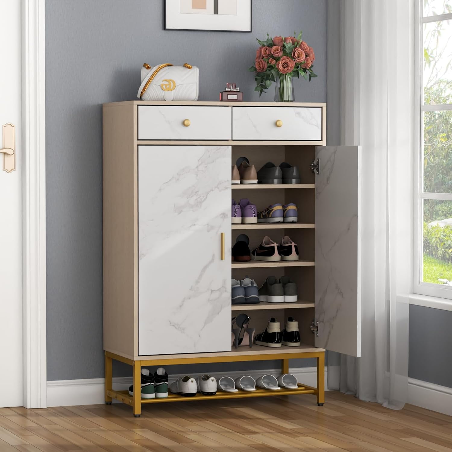 Auromie Shoe Storage with Doors, Shoe Organizer with Drawers, Entryway Shoe Rack with