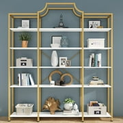 Auromie Triple Wide 5-Tier Bookshelf, 70.87"L x 79.13"H Extra Gold Bookcase, Tall Display Shelf with Metal Frame, Etagere Storage Display Shelf Office, White Gold