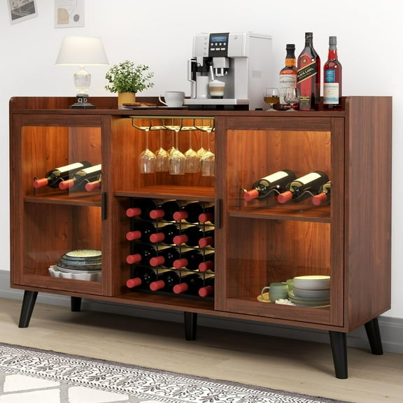 Auromie Wine Bar Cabinet with LED Light, Home Coffee Cabinet with Wine & Glass Rack, Kitchen Buffet Sideboard with Storage Shelves, Freestanding Liquor Cabinet for Living Room, Dining Room, Brown