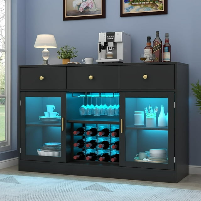 Auromie Wine Bar with LED Light, Home Coffee with Wine and Glass Rack, Kitchen