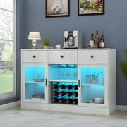 Auromie Wine Bar Cabinet with LED Light, Home Coffee Cabinet with Wine and Glass Rack, Kitchen Buffet Sideboard with Storage Drawers & Adjustable Shelves, Modern Liquor Cabinet with Glass Door (White)