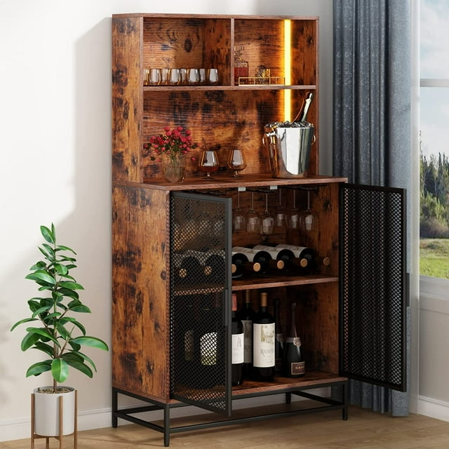 Auromie Wine Bar with LED Lights, 4Tier Coffee Bar with Storage Shelves