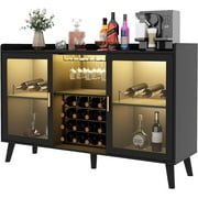 Auromie Wine Bar Cabinet with LED Light, Home Coffee Cabinet with Wine & Glass Rack, Kitchen Buffet Sideboard with Storage Shelves, Freestanding Liquor Cabinet for Living Room, Dining Room, Black