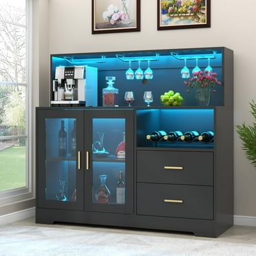 Auromie Wine Bar Cabinet with LED Light, Black