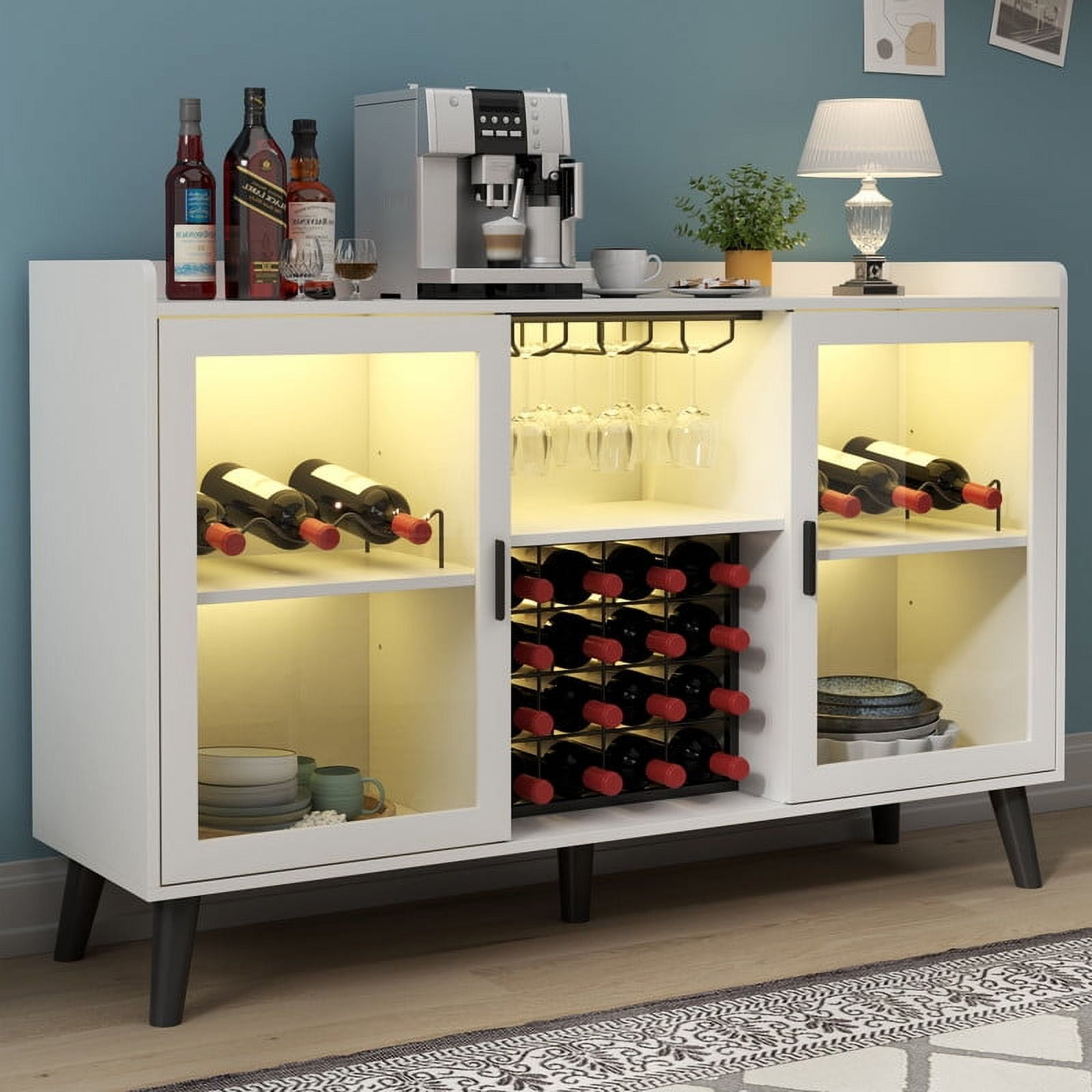 Auromie Wine Bar Cabinet with LED Light Wine Glass Rack Kitchen Buffet Sideboard with Storage Shelves