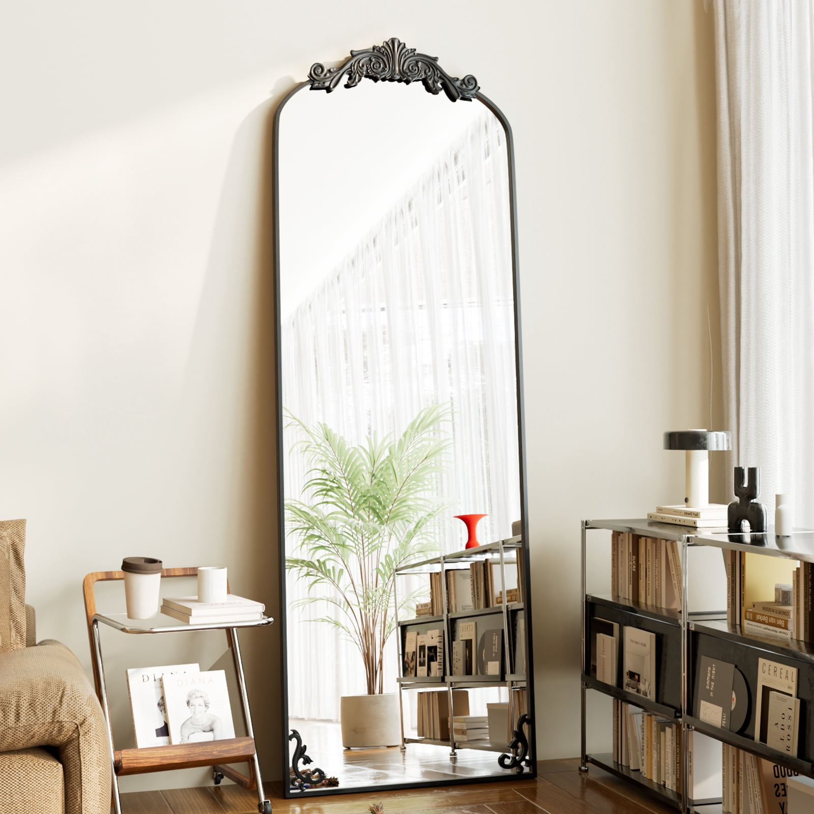 ‌Auromir‌ 21"x64" Vintage Arched Full Length Mirror Antique Metal Floor Mirror with Baroque Style, Black