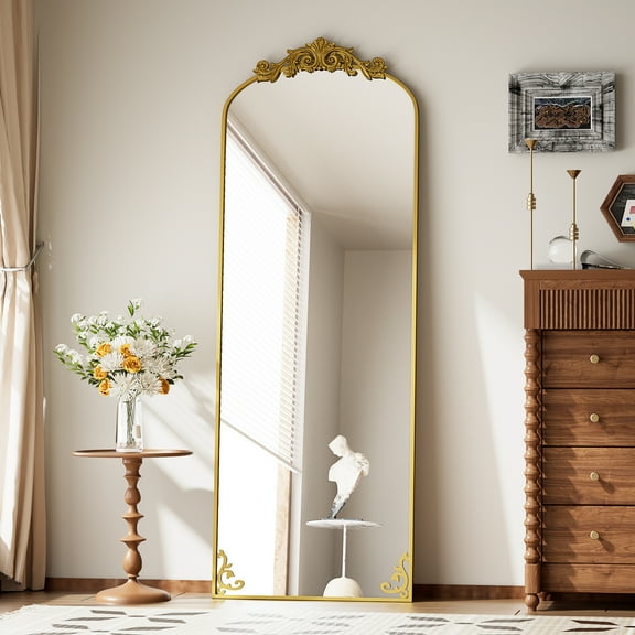 Auromir 21"x64" Vintage Arched Full Length Mirror Antique Metal Floor Mirror with Baroque Style, Gold