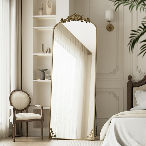 Auromir 24"x70" Vintage Arched Full Length Mirror Antique Metal Floor Mirror with Baroque Style, Antique Bronze