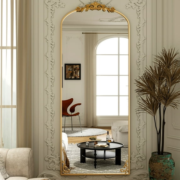‌Auromir‌ 28"x71" Vintage Arched Full Length Mirror Antique Metal Floor Mirror with Baroque Style, Gold