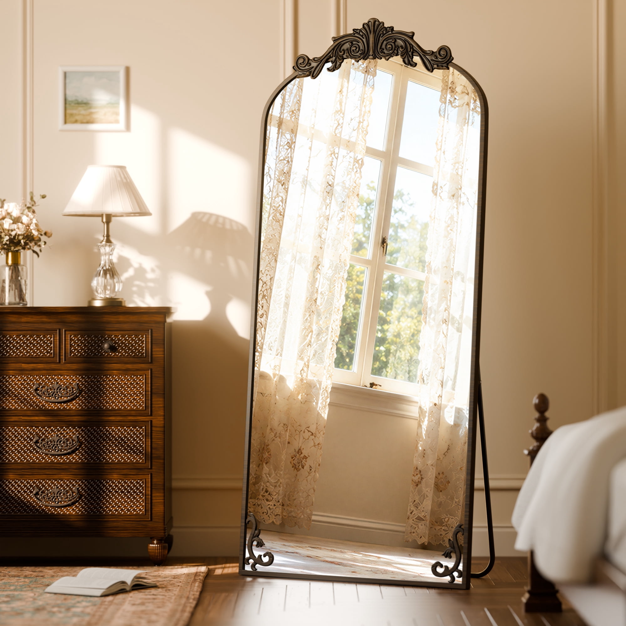 ‌Auromir‌ 32"x71" Vintage Arched Full Length Mirror Antique Metal Floor Mirror with Baroque Style, Antique Bronze