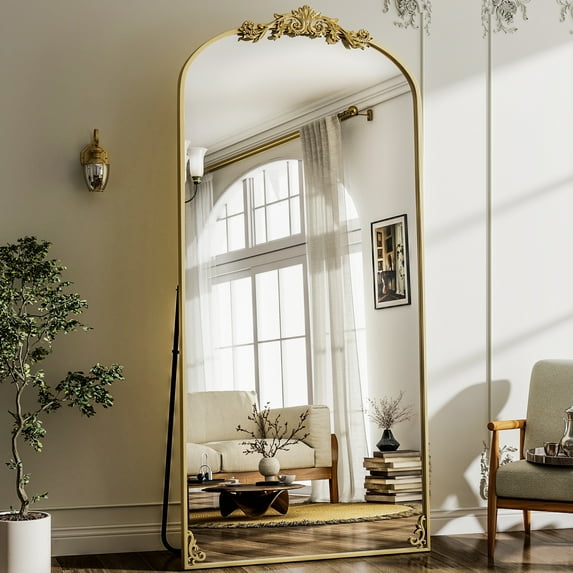 Auromir 38"x77" Vintage Arched Full Length Mirror Antique Metal Floor Mirror with Baroque Style, Gold