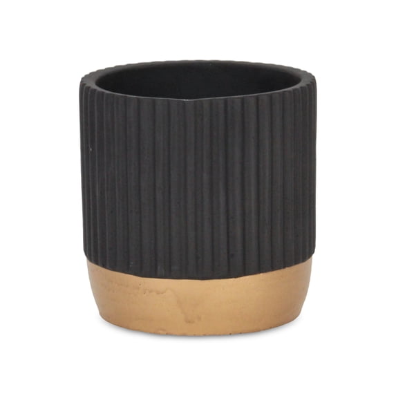 Aurone Round Ridged Ceramic Pot with Gold Finished Base - Large - Black