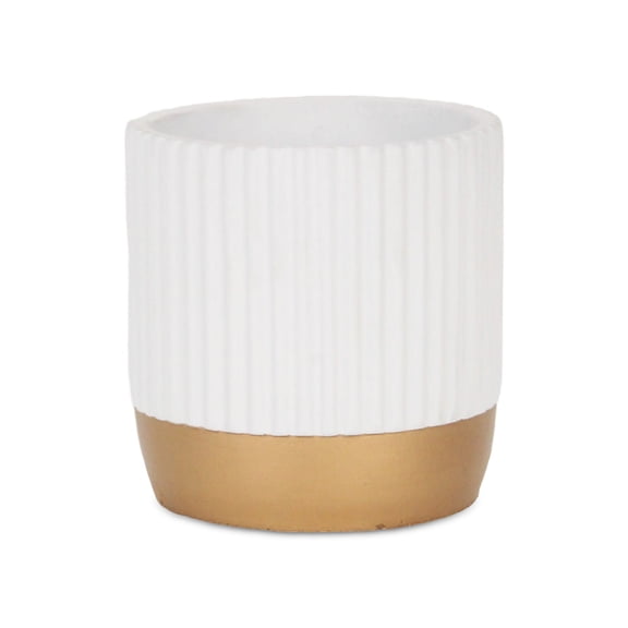 Aurone Round Ridged Ceramic Pot with Gold Finished Base - Large - White