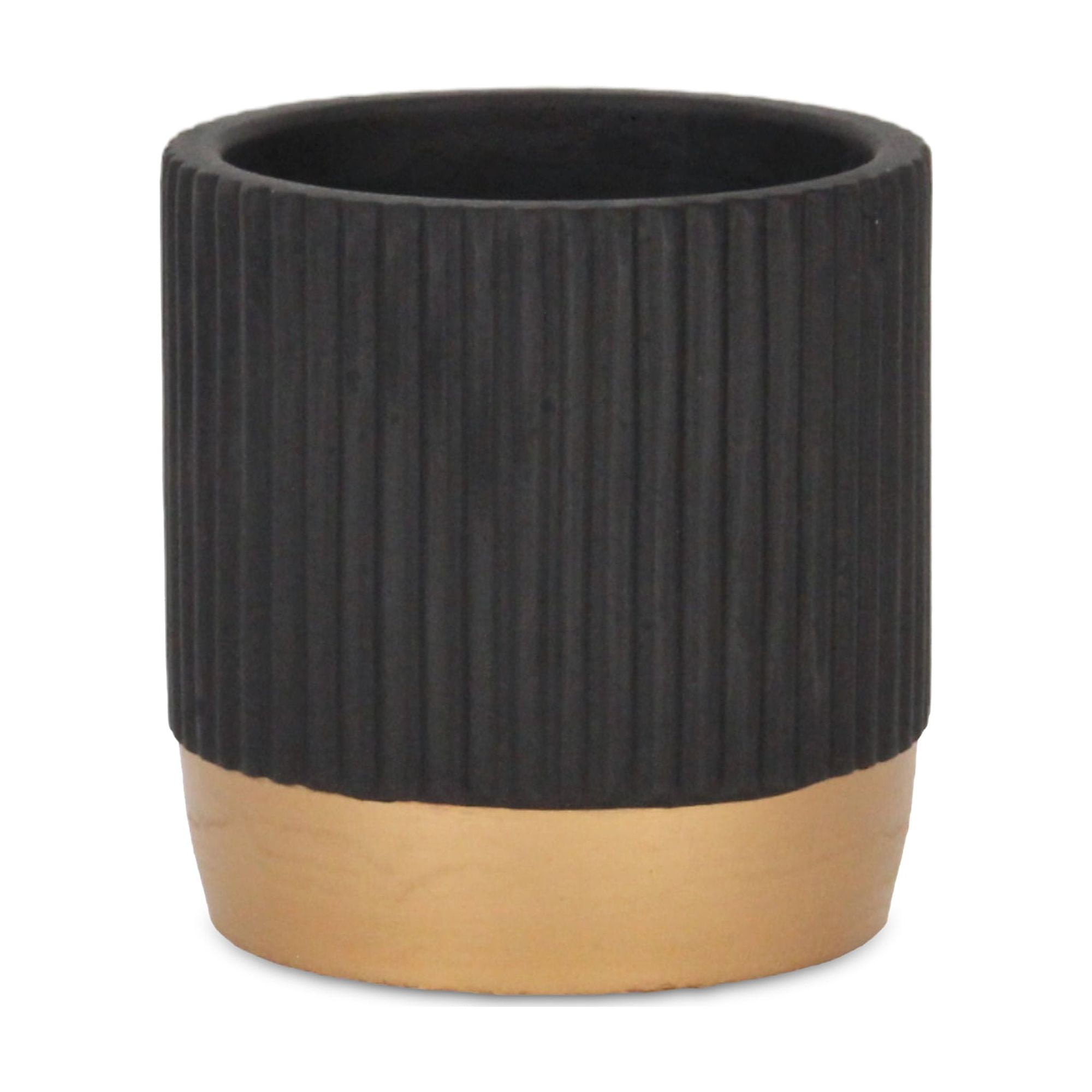 Aurone Round Ridged Ceramic Pot with Gold Finished Base - Small - Black ...