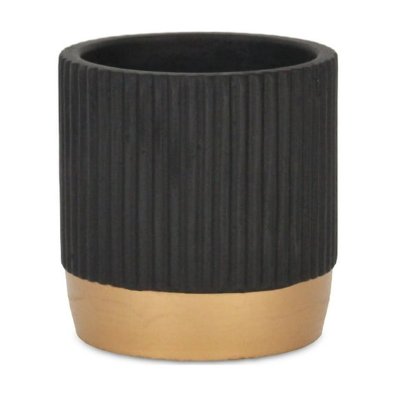 Aurone Round Ridged Ceramic Pot with Gold Finished Base - Small - Black