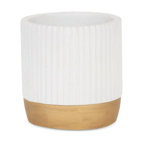 Aurone Round Ridged Ceramic Pot with Gold Finished Base - Small - White