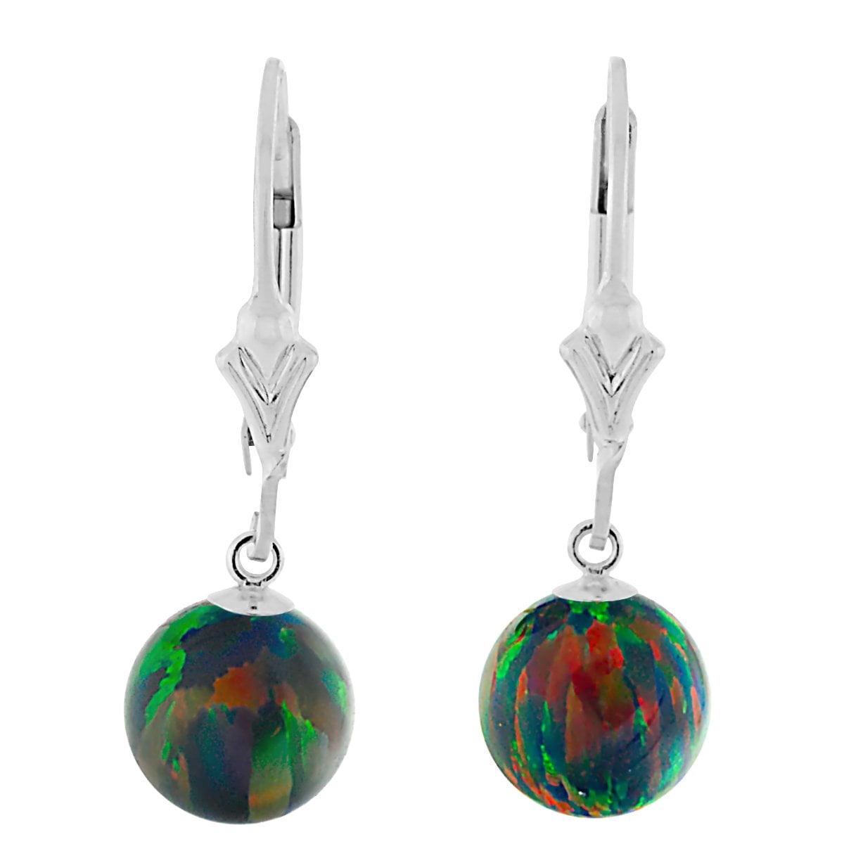 Aurora: 10mm Black Synthetic Opal Ball Lever Back Earrings 925 Sterling Silver