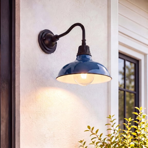 JONATHAN Y Aurora 12.25" 1-Light Farmhouse Industrial Indoor/Outdoor Iron LED Gooseneck Arm Outdoor Sconce, Navy