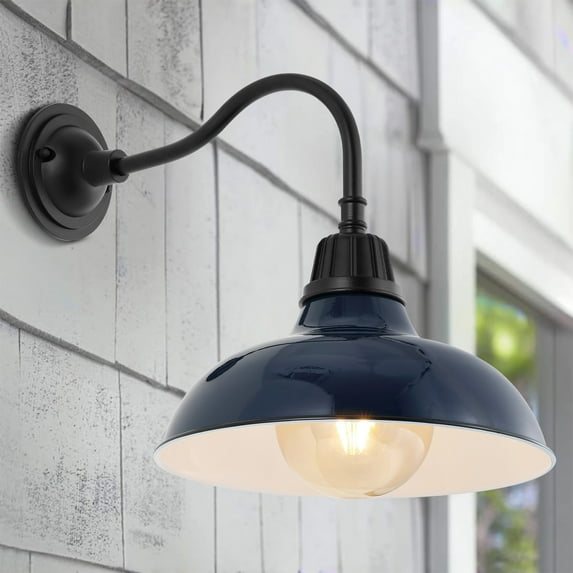 JONATHAN Y Aurora 12.25" 1-Light Farmhouse Industrial Indoor/Outdoor Iron LED Gooseneck Arm Outdoor Sconce, Navy