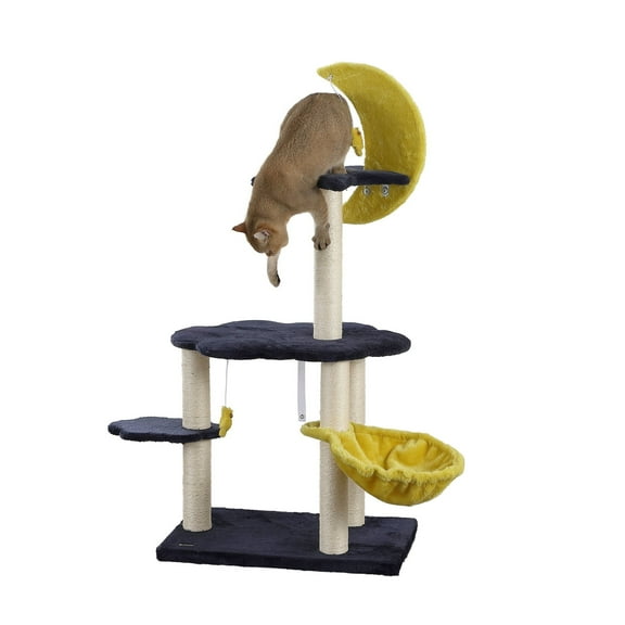 THE LICKER STORE Aurora 49" 3-Tier Modern Sisal Moon And Stars Cat Tree with Scratching Posts, Basket, and Fuzzy Bell Toys, Navy/Yellow/White, CTR1003A