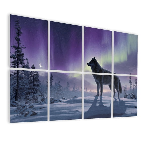 Aurora 8 Pack Art Acoustic Panels Sound Absorbing Snowy Hilltop Gray Wolf Aurora Lights Detailed Fantasy Decorative Soundproof Wall Panels Self Adhesive for Nursery Game Room Bedroom 48"x32"