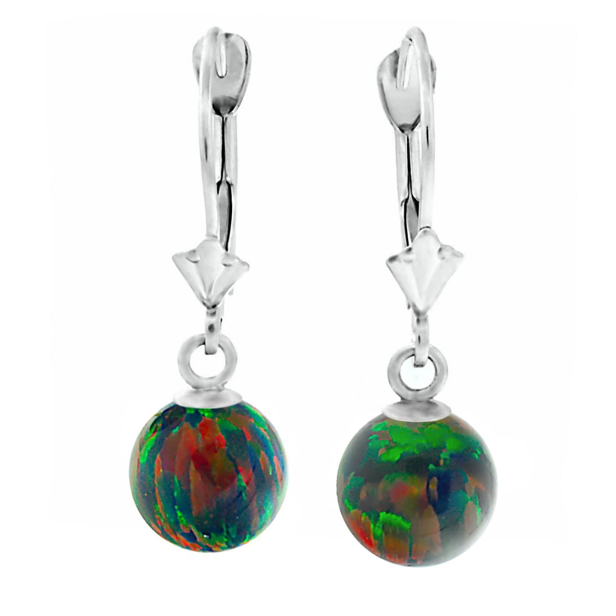 Aurora: 8mm Black Synthetic Opal Ball Lever Back Earrings 14K White Gold