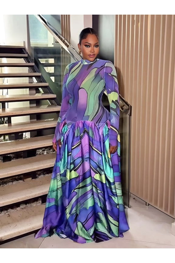 Aurora Abstract Mesh Mock-Neck Maxi Dress