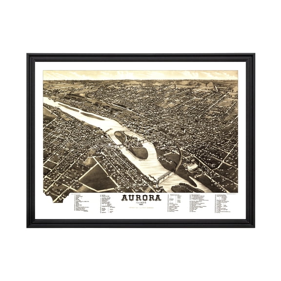Aurora Art, 1882 Vintage Map of Aurora Illinois, IL History Wall Decor Gift, Old Aurora Map - 24" x 18" Black Framed Print