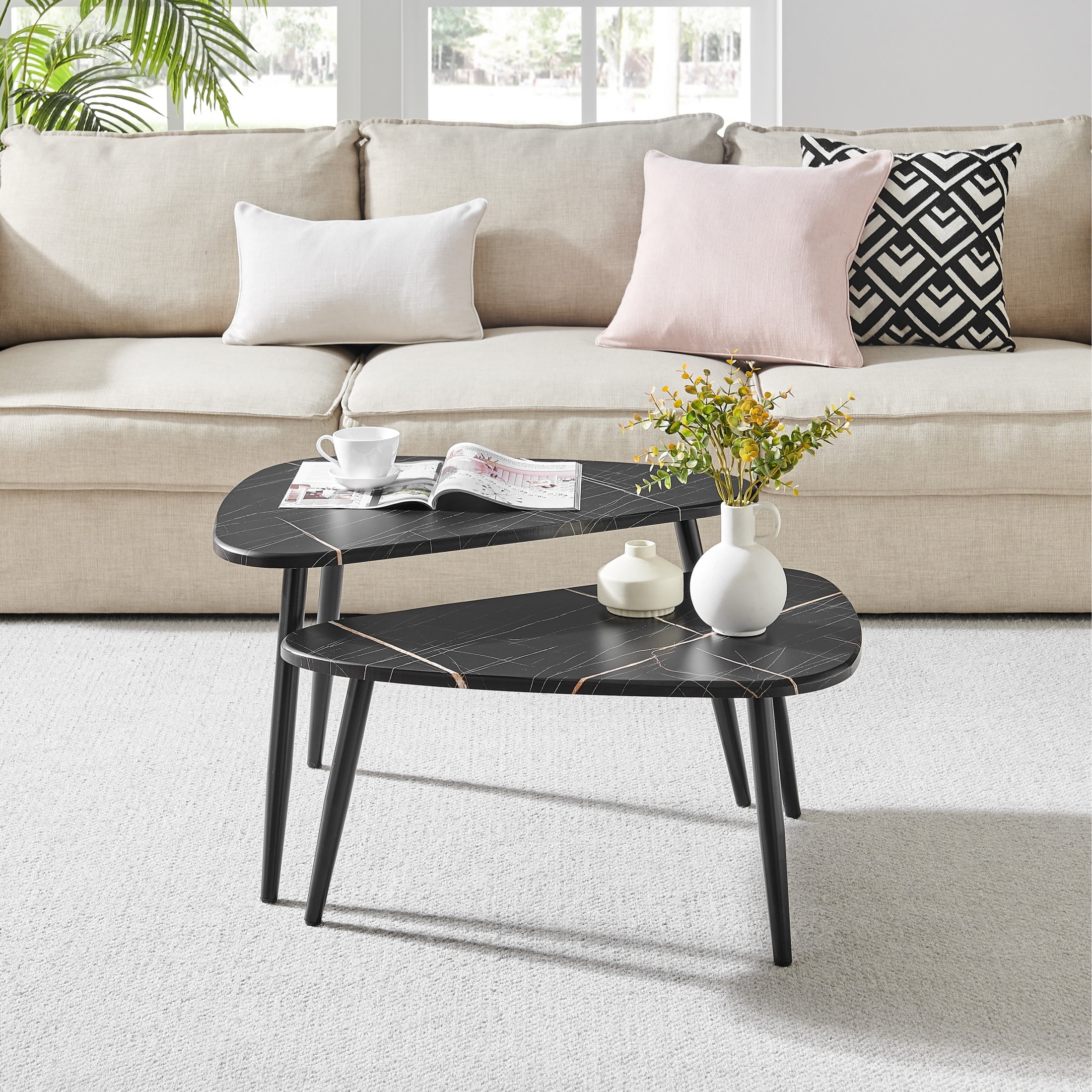 Aurora Black Marble and Metal Oval Semi-Nested Coffee Table Set
