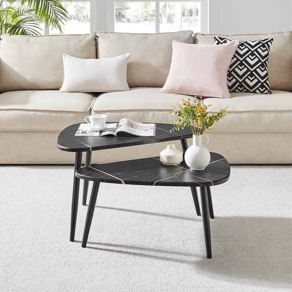 Aurora Asymmetrical Modern Oval Teardrop 2 Piece Semi-Nested Modular Coffee Table Set - Black Marble/Black