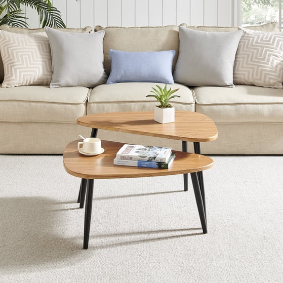 Aurora Asymmetrical Modern Oval Teardrop 2 Piece Semi-Nested Modular Coffee Table Set - Natural Brown/Black