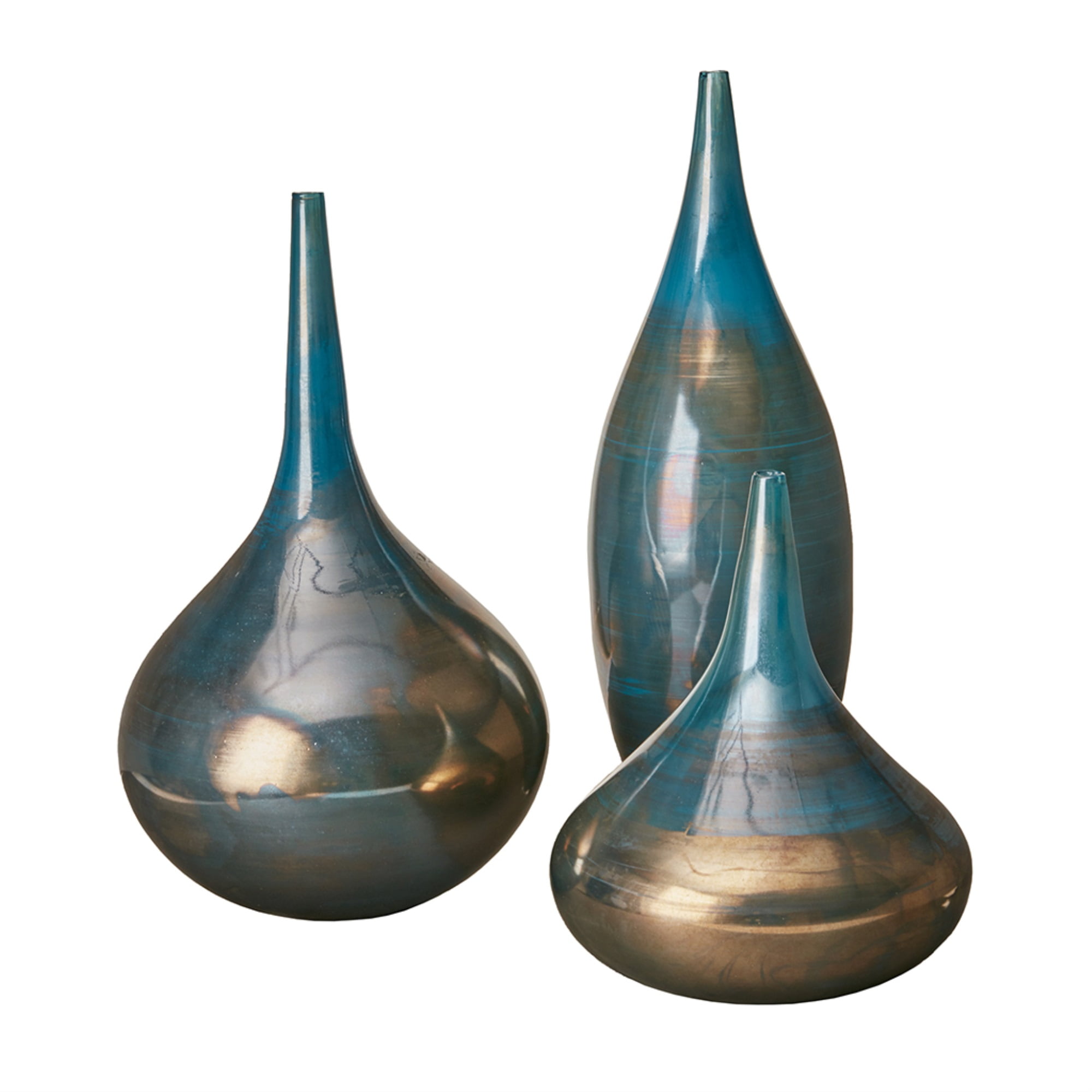 Aurora Blue and Bronze Polished Glass Vase Set of 3