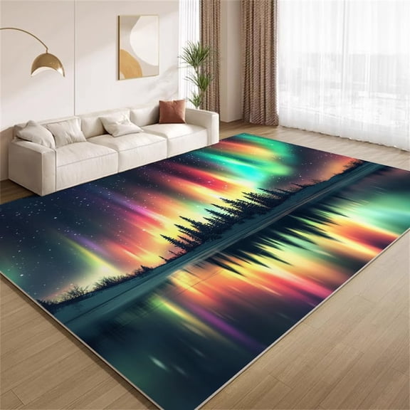 Aurora Borealis Area Rugs, Northern Lights Landscape Carpet, Washable Non Slip Low Pile Soft Rug for Living Room Bedroom Study Office Hallway Decor Mat 5ftx8ft