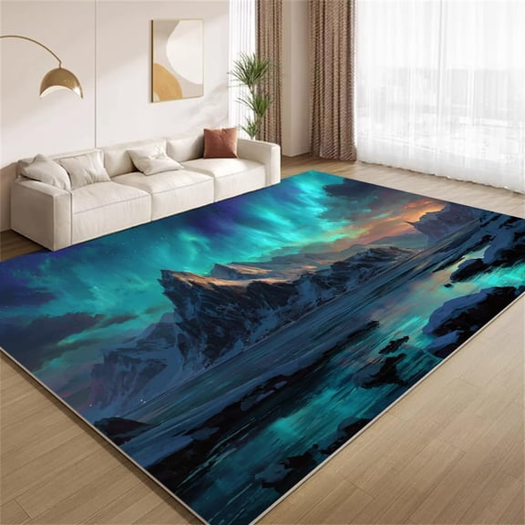 Aurora Borealis Area Rugs, Northern Lights Mountain Lake Pattern Carpet, Washable Non Slip Low Pile Soft Rug for Living Room Bedroom Office Decor Mat 5ftx8ft