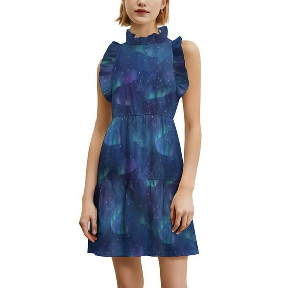 Aurora Borealis Art Women's Fashion Casual Dress Summer Stand Up Collar Ruffles Sleeve Dress Elegant Dresses