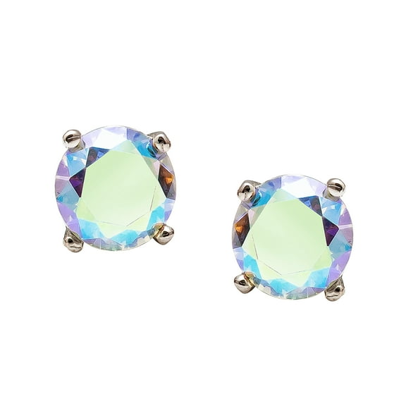 Aurora Borealis CZ Earrings Rhodium Plated .925 Sterling Silver Solitaire Stud Earrings 6MM