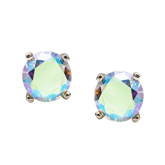 Aurora Borealis CZ Earrings Rhodium Plated .925 Sterling Silver Solitaire Stud Earrings 7MM
