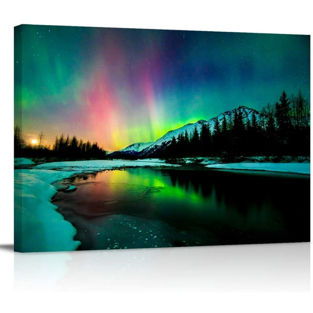 Aurora Borealis Canvas Wall Art Northern Lights Painting Landscape Artwork Home Decoration for Living Room Bedroom Framed Ready to Hang