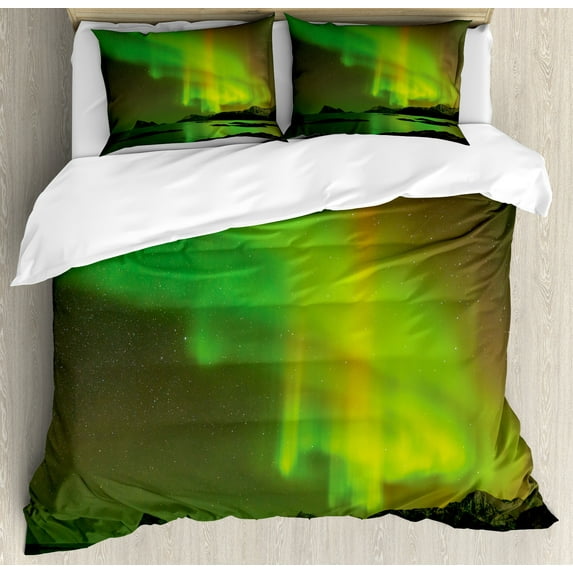 Aurora Borealis Duvet Cover Set, Enchanted Universe Sky with Reflections Tranquil Scenery, Decorative 3 Piece Bedding Set with 2 Pillow Shams, Queen Size, Lime and Reseda Green, by Ambesonne