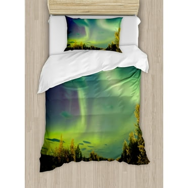 Aurora Borealis Duvet Cover Set, Highway Road Nordic Rays of Sky Surreal Sun Atmosphere Image, Decorative 2 Piece Bedding Set with 1 Pillow Shams, Twin Size, Blue Lime and Fern Green, by Ambesonne