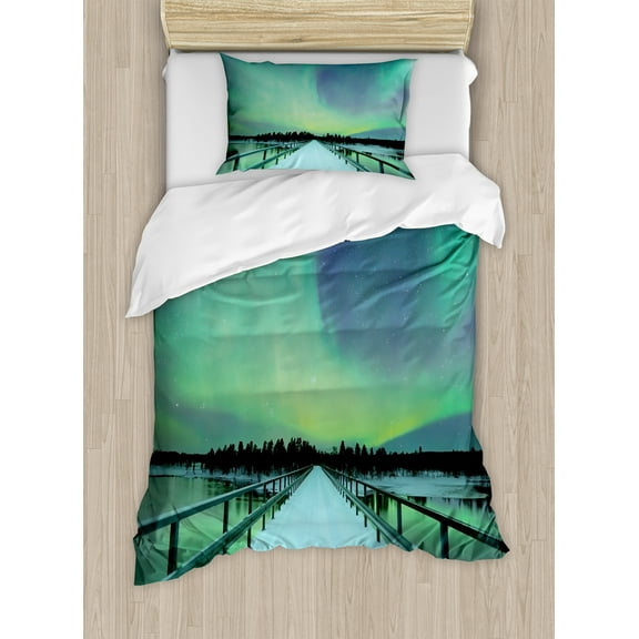 Aurora Borealis Duvet Cover Set, Long Mystic Sky over Bridge in Snowy Arctic Frozen River Image, Decorative 2 Piece Bedding Set with 1 Pillow Shams, Twin Size, Lime Green Petrol Blue, by Ambesonne