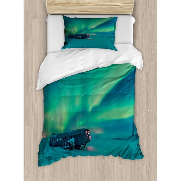 Aurora Borealis Duvet Cover Set, Old Plane Wreck Under Aurora Borealis Misty Winter Day View, Decorative 2 Piece Bedding Set with 1 Pillow Shams, Twin Size, Petrol Blue Lime Green, by Ambesonne