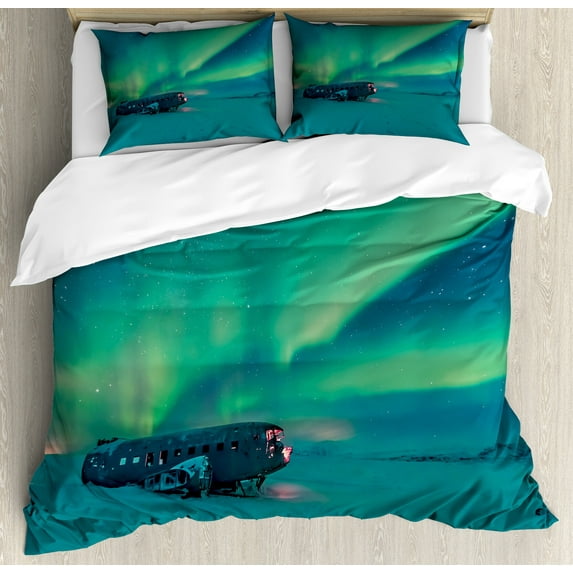 Aurora Borealis Duvet Cover Set, Old Plane Wreck Under Aurora Borealis Misty Winter Day View, Decorative 3 Piece Bedding Set with 2 Pillow Shams, Queen Size, Petrol Blue Lime Green, by Ambesonne