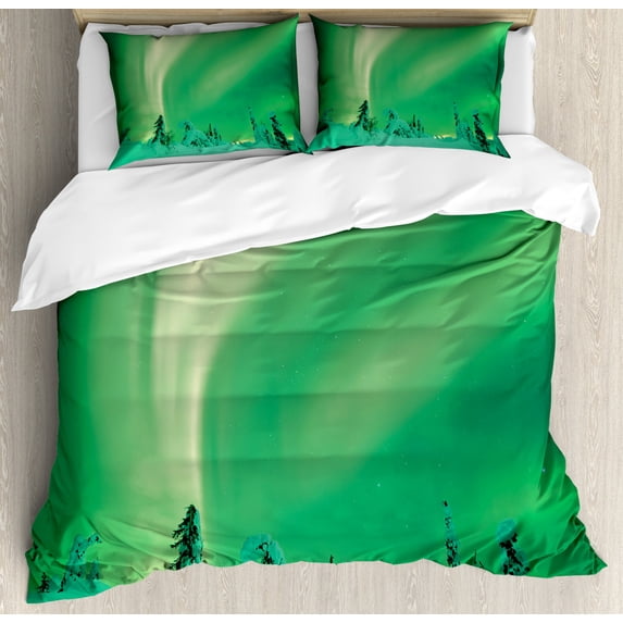 Aurora Borealis Duvet Cover Set, Poles Sky Display over Icy Snowy Pine Trees Wanderlust Iceland Panorama, Decorative 3 Piece Bedding Set with 2 Pillow Shams, Queen Size, Fern Green, by Ambesonne