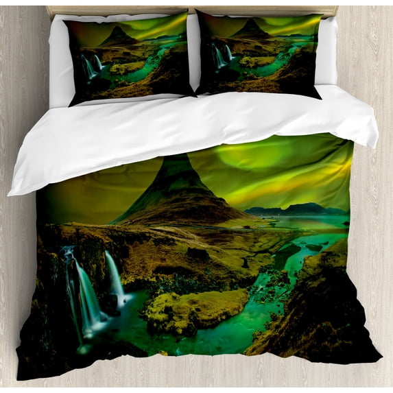 Aurora Borealis Duvet Cover Set Queen Size, Pale Weather over the Hills with Waterfall Creek Nature Landscape, Decorative 3 Piece Bedding Set with 2 Pillow Shams, Fern and Olive green, by Ambesonne