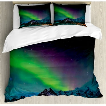 Aurora Borealis Duvet Cover Set, Southern Iceland on Sky over Rocky Hills Wild Night View, Decorative 3 Piece Bedding Set with 2 Pillow Shams, Queen Size, Blue Violet Lime Green, by Ambesonne
