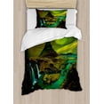 thumbnail image 1 of Aurora Borealis Duvet Cover Set Twin Size, Pale Weather over the Hills with Waterfall Creek Nature Landscape, Decorative 2 Piece Bedding Set with 1 Pillow Sham, Fern and Olive green, by Ambesonne, 1 of 3