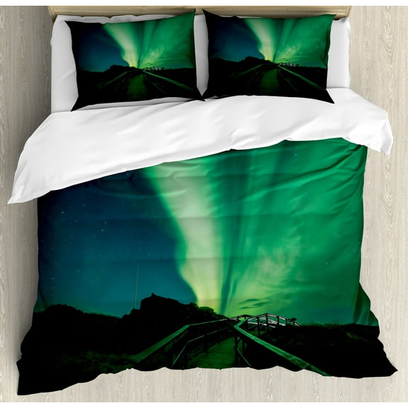 Aurora Borealis Duvet Cover Set, Wooden Bridge Solar Sky Scenic Radiant Rays Arctic Magic Scenery, Decorative 3 Piece Bedding Set with 2 Pillow Shams, Calking Size, Fern Green Dark Blue, by Ambesonne